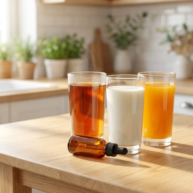 Segelas teh, susu, dan sirup dengan botol tetes propolis di meja