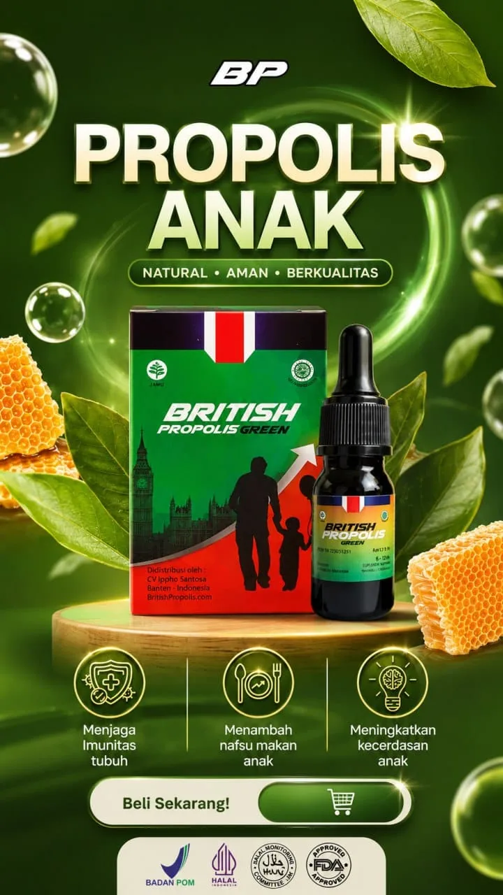 Poster British Propolis Green untuk anak: kemasan kotak dan botol tetes
